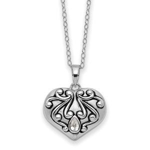 925 Sterling Silver Antiqued CZ Heart Remembrance Ash Holder 18in Necklace